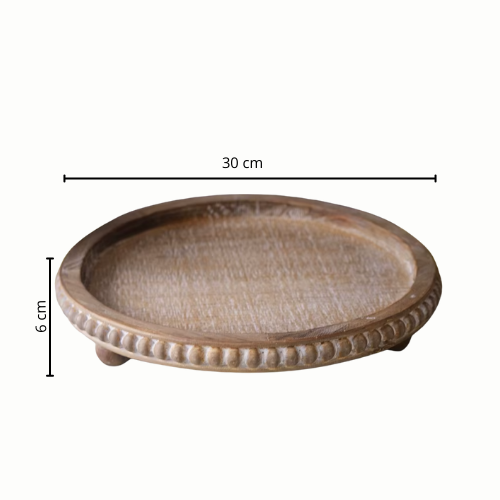 Bandeja Circular de Madera Tallada con Patas de Bolas