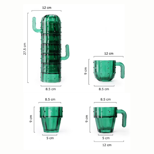 Set de 6 Vasos y Tazas Apilables de Vidrio – Diseño Cactus 🌵