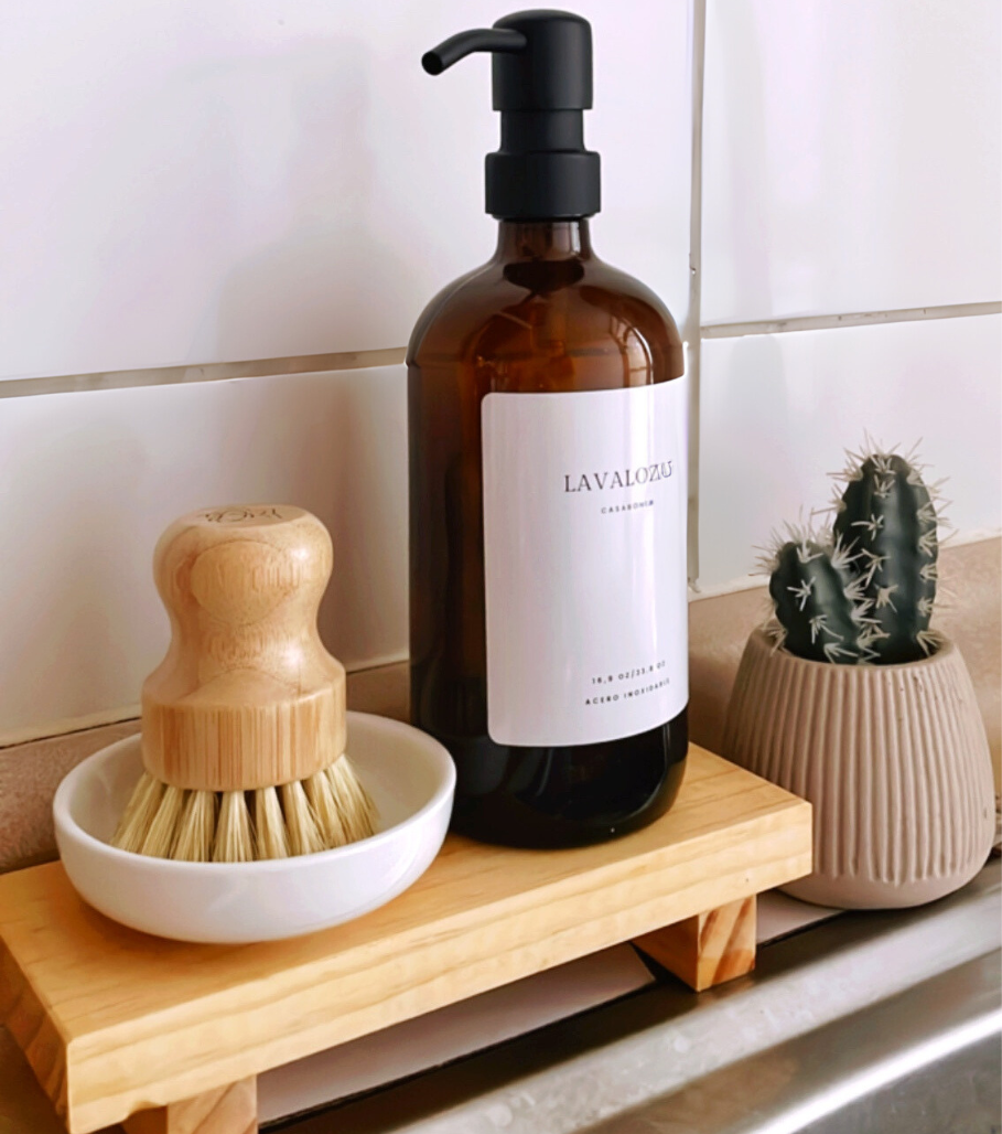 Pack dispensador de vidro 500 ml+Pedestal de madera+Cepillo de Bambú+Plato de Cerámica - Acero Inoxidable