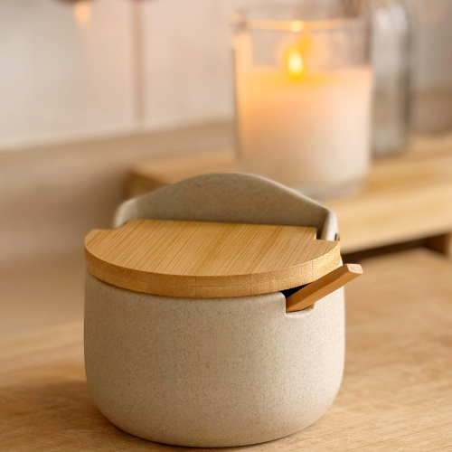 Tarro de Cerámica y Bambú para Sal, Azúcar o Condimentos.
