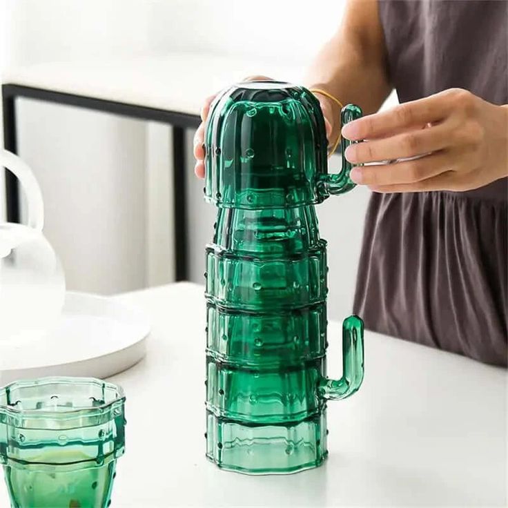 Set de 6 Vasos y Tazas Apilables de Vidrio – Diseño Cactus 🌵