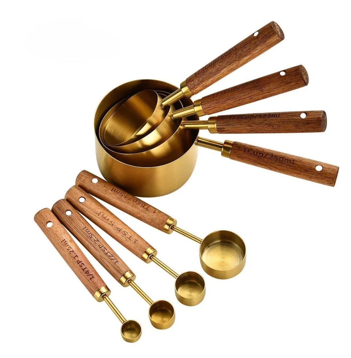 Pack Tazas y Cucharas Medidoras- Madera y Acero Inox