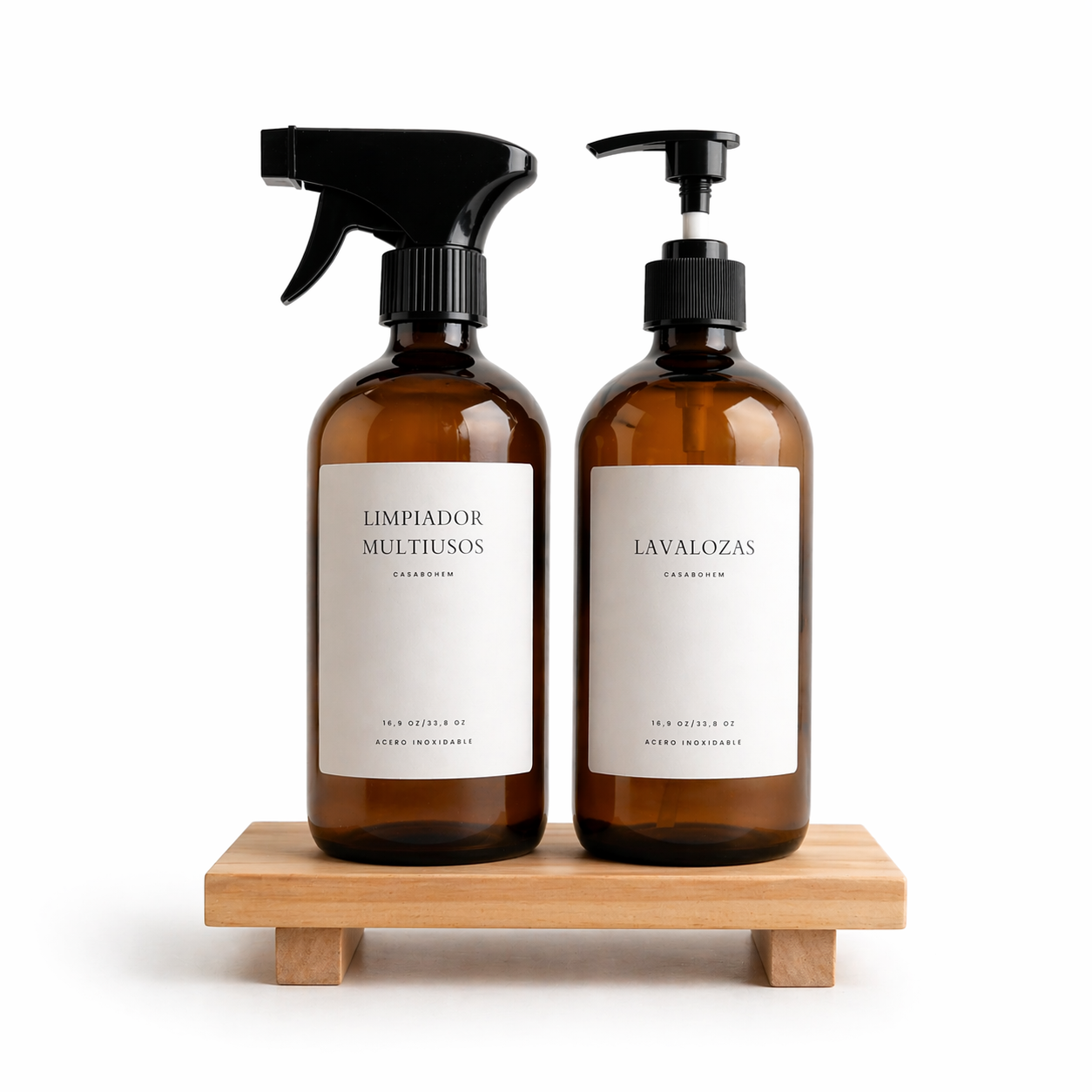 Pack 2 Dispensadores 500 ml Vidrio Ámbar / Válvula o Rociador de Plástico + Pedestal de Madera Etiquetas Minimal