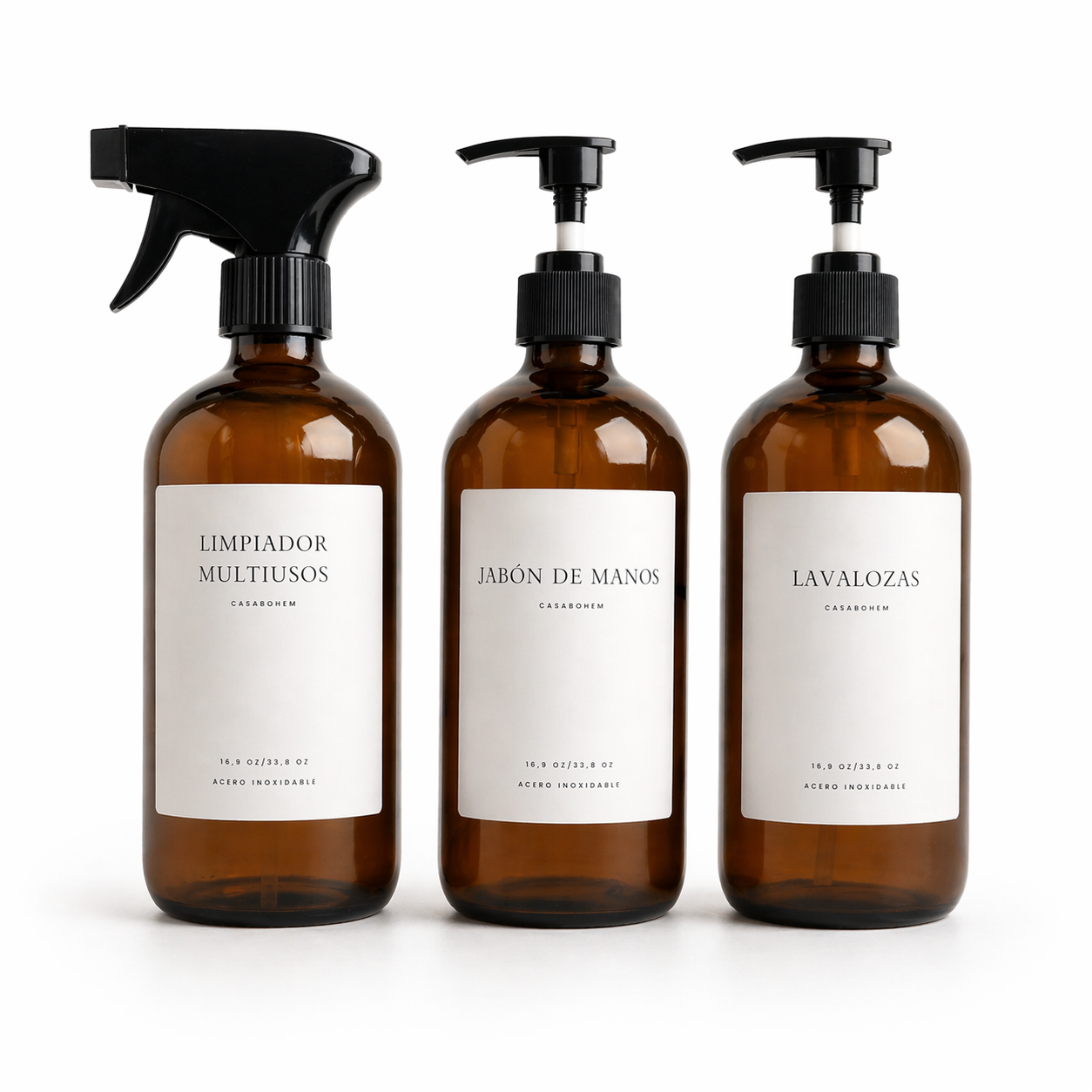 Pack 3 Dispensadores de Vidrio Ámbar 500 ml / Válvula de Plástico o Rociador Etiquetas Minimal