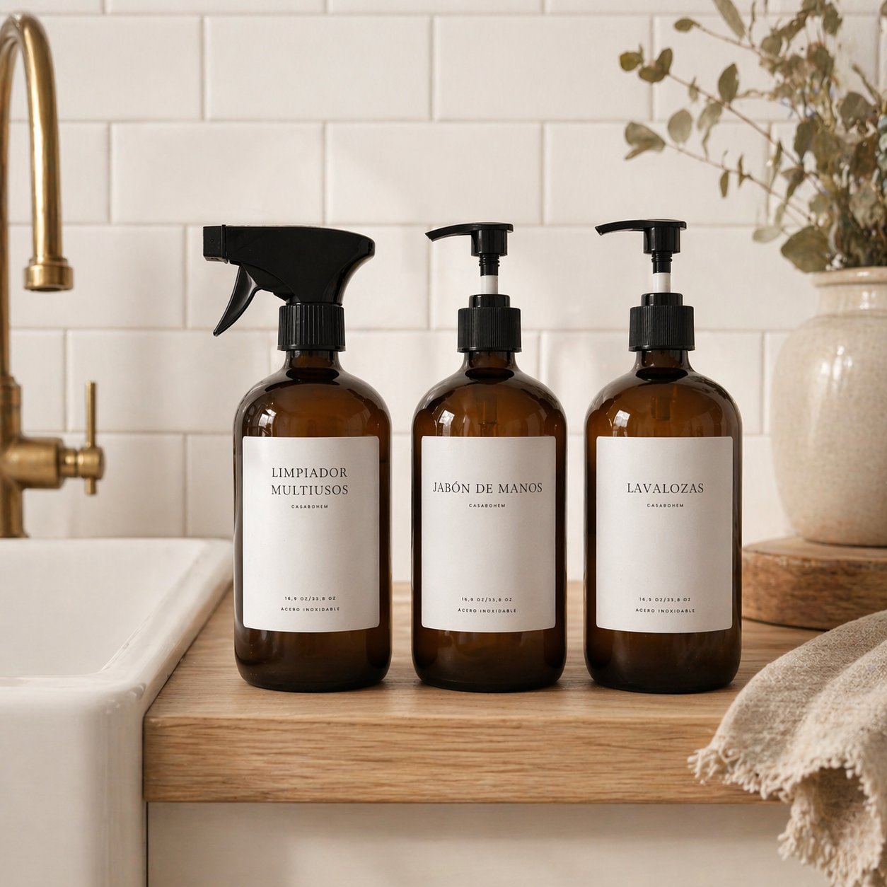 Pack 3 Dispensadores de Vidrio Ámbar 500 ml / Válvula de Plástico o Rociador Etiquetas Minimal
