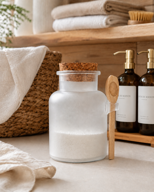 Tarro Organizador de Plástico con Tapa de Corcho y  Cuchara de Madera 500 ml