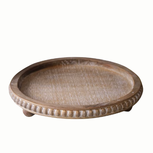 Bandeja Circular de Madera Tallada con Patas de Bolas