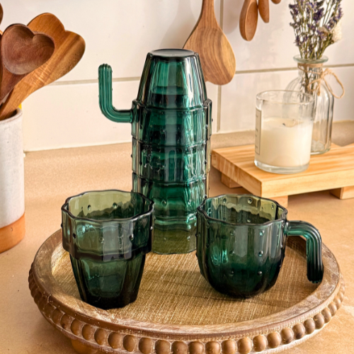 Set de 6 Vasos y Tazas Apilables de Vidrio – Diseño Cactus 🌵