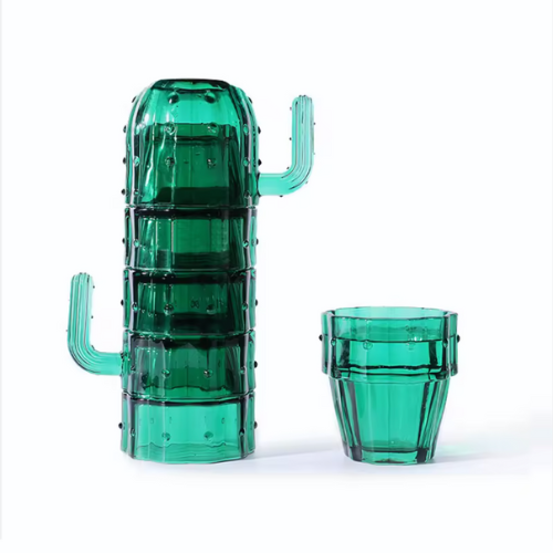 Set de 6 Vasos y Tazas Apilables de Vidrio – Diseño Cactus 🌵