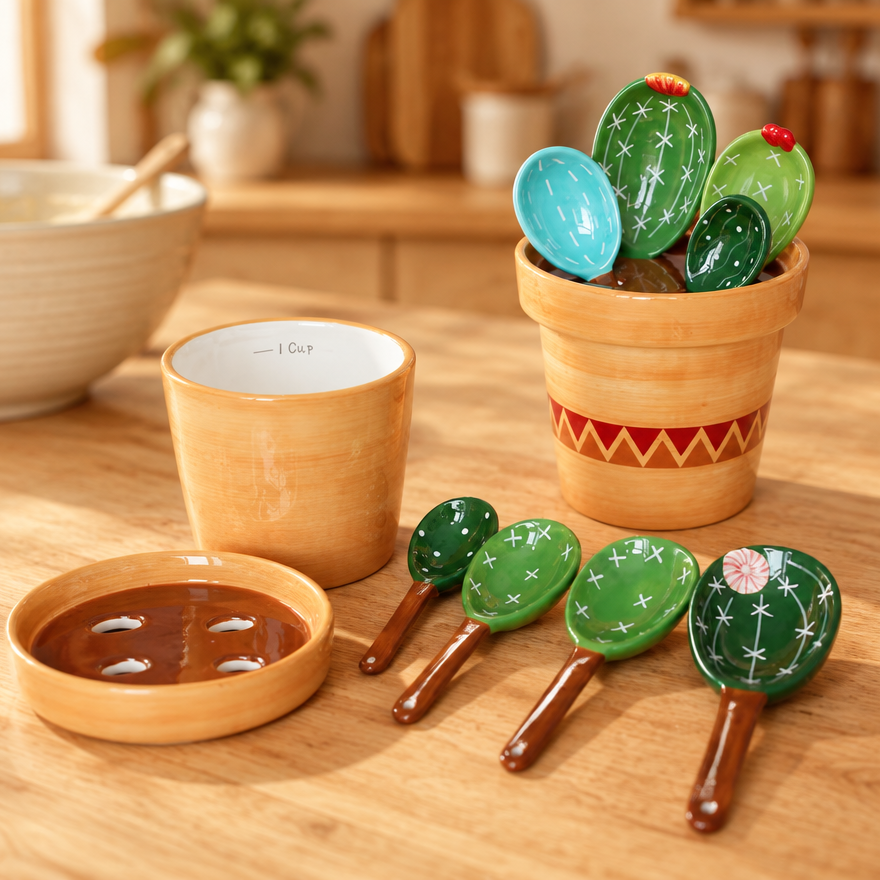 Set de Cucharas Medidoras de Cerámica Cactus con Maceta