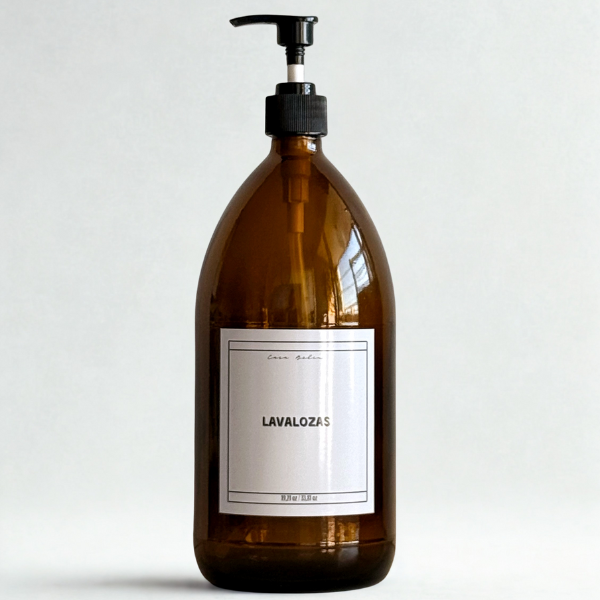 Dispensador de Vidrio Ámbar 1000ml (1 litro) Válvula Plástica Negra- Etiquetas Clásicas.