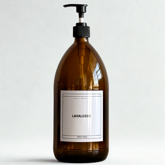 Dispensador de Vidrio Ámbar 1000ml (1 litro) Válvula Plástica Negra- Etiquetas Clásicas.