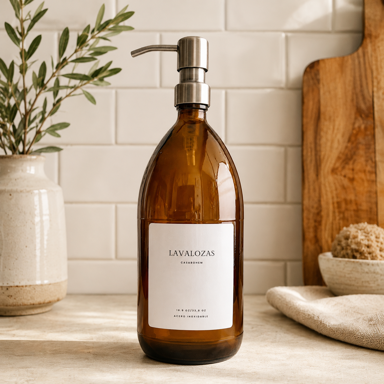 Dispensador de vidrio ámbar 1 litro - Acero Inoxidable