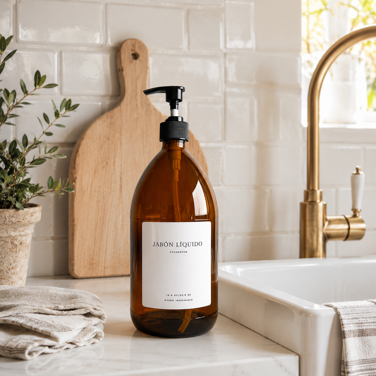 Dispensador de Vidrio Ámbar 1000ml (1 litro) Válvula Plástica Negra