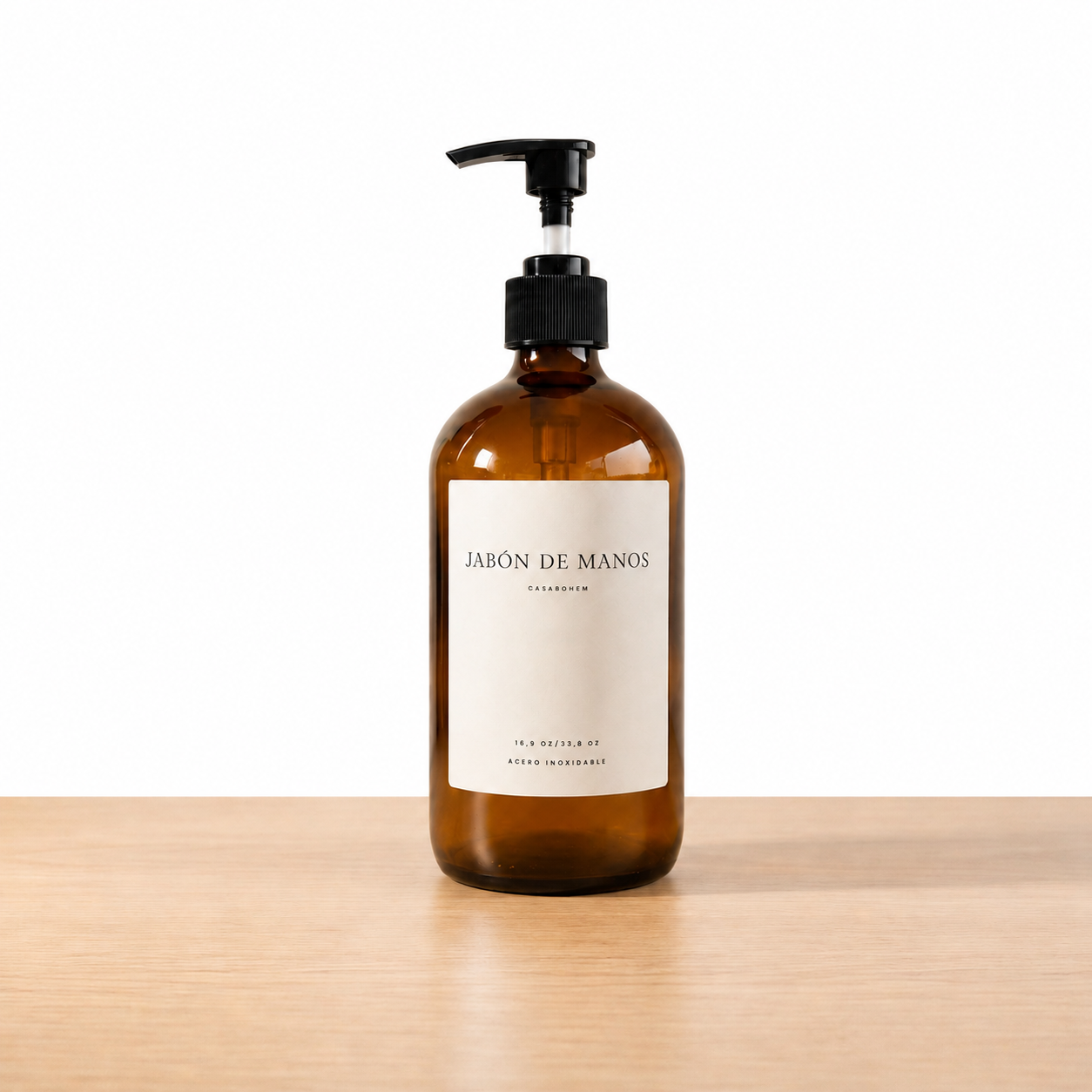 Dispensador de Vidrio Ámbar 500ml- Plástico Negro-Etiquetas Clásicas