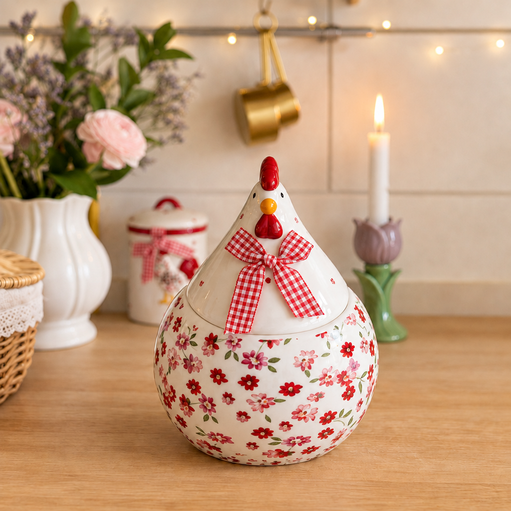 Tarro de Cerámica Gallina Floral con Tapa 1 L