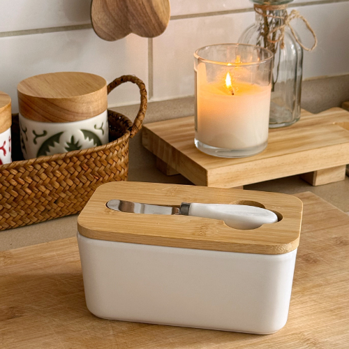 Mantequillero de cerámica con tapa de Bambú