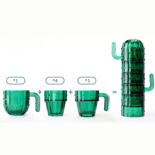 Set de 6 Vasos y Tazas Apilables de Vidrio – Diseño Cactus 🌵