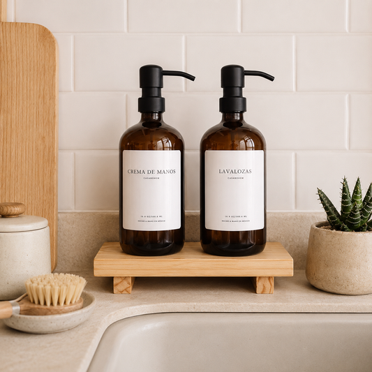 Pack 2 dispensadores vidrio ámbar 500 ml+ Pedestal de Madera -Acero Inoxidable