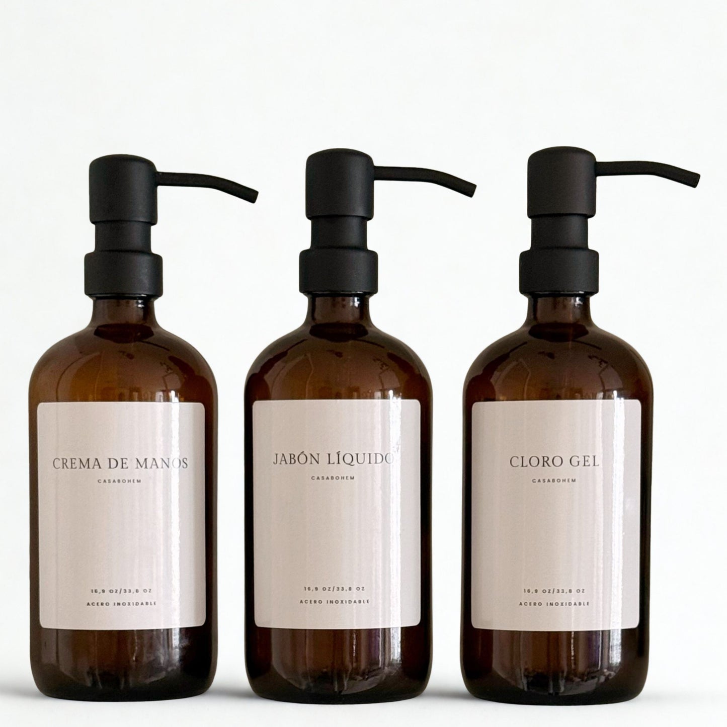 Pack 3 dispensadores vidrio ámbar 500 ml -Acero Inox
