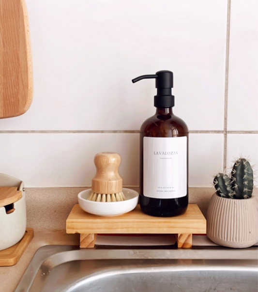Pack dispensador de vidro 500 ml+Pedestal de madera+Cepillo de Bambú+Plato de Cerámica - Acero Inoxidable