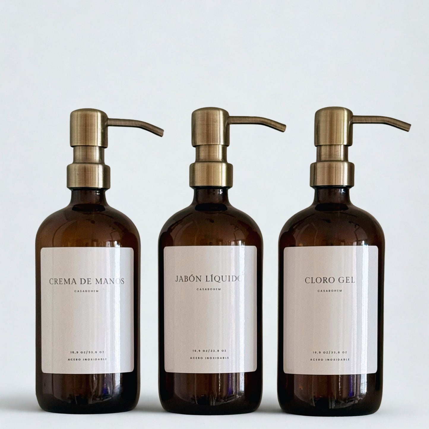 Pack 3 dispensadores vidrio ámbar 500 ml -Acero Inox