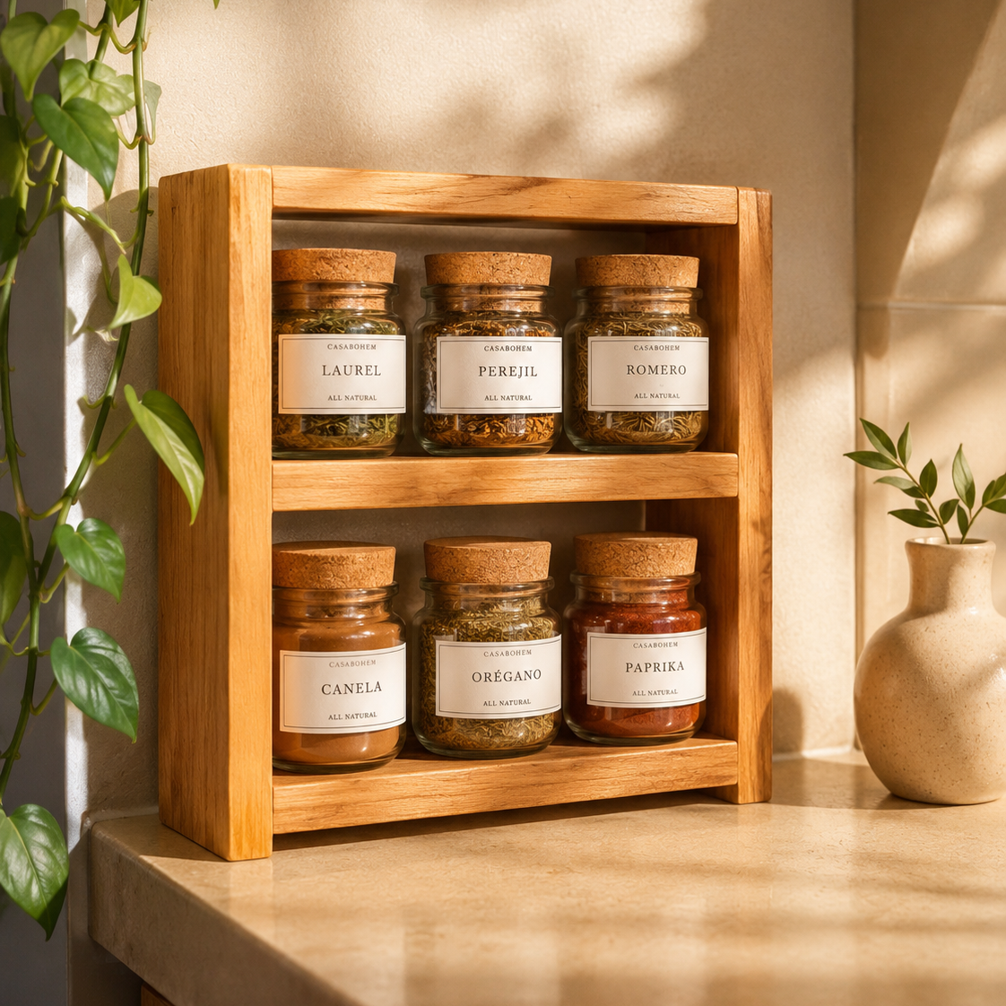 Repisa de Madera + 6 especieros de 145 ml con tapa de corcho natural