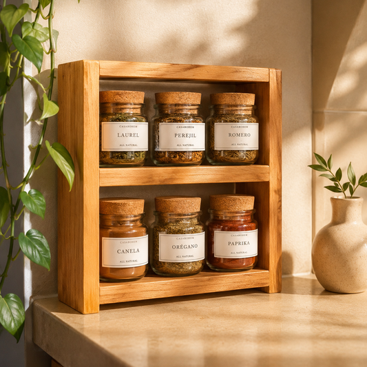 Repisa de Madera + 6 especieros de 145 ml con tapa de corcho natural