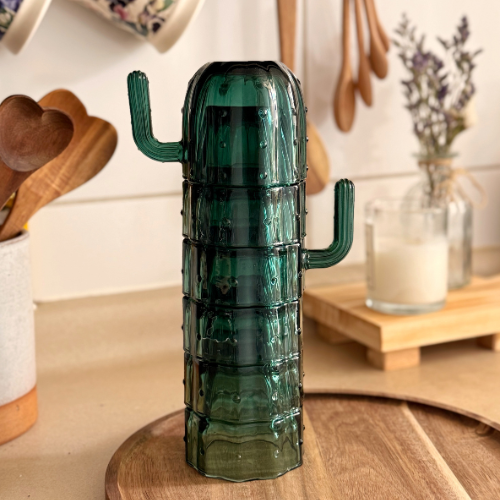 Set de 6 Vasos y Tazas Apilables de Vidrio – Diseño Cactus 🌵