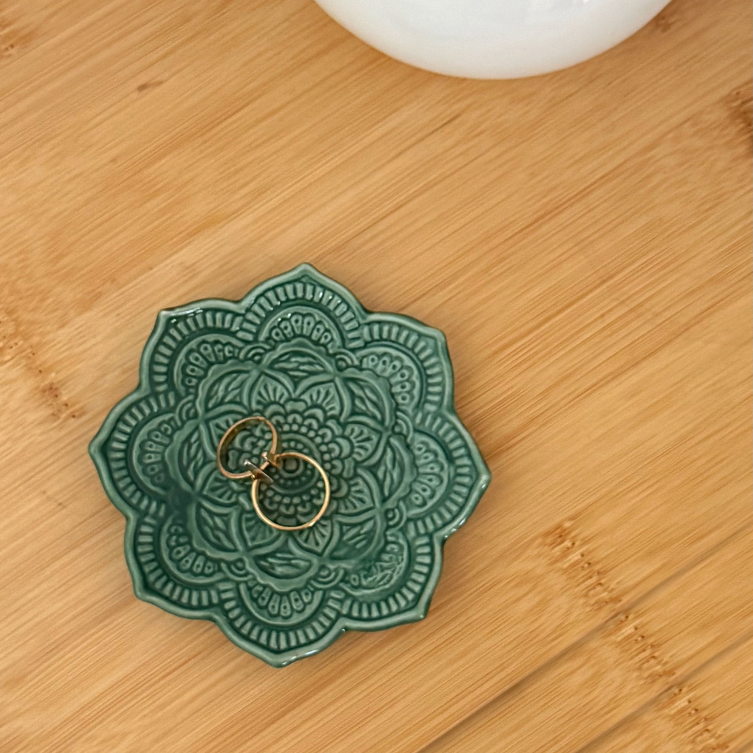 Platito Mandala Loto Cerámica Verde Jade