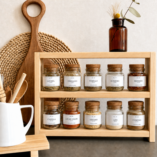 Repisa de Madera + 10 especieros de 145 ml con tapa de corcho natural