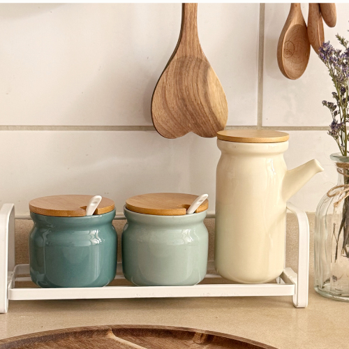 Pack 2 Contenedores  de Cerámica+ Aceitera+Soporte de Metal.✨