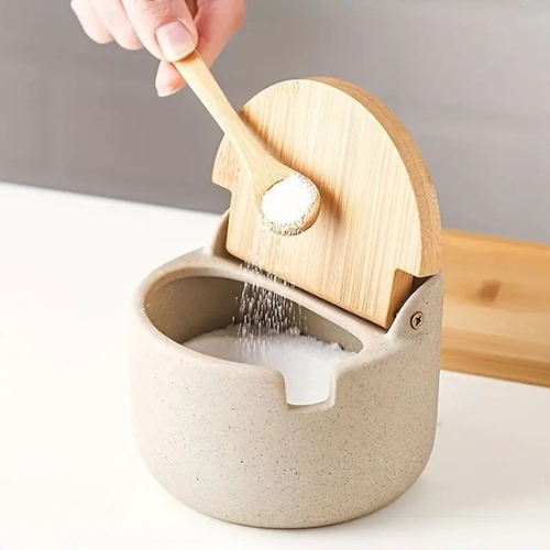 Tarro de Cerámica y Bambú para Sal, Azúcar o Condimentos.