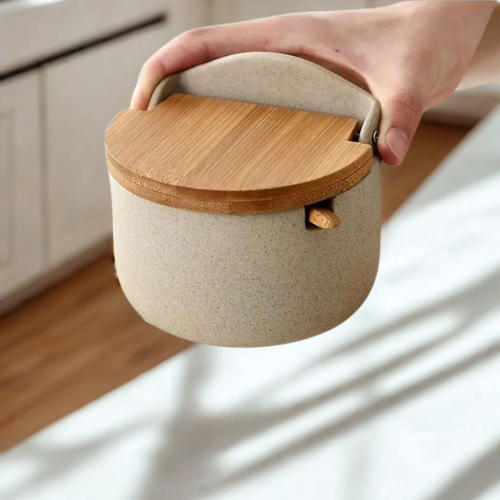 Tarro de Cerámica y Bambú para Sal, Azúcar o Condimentos.
