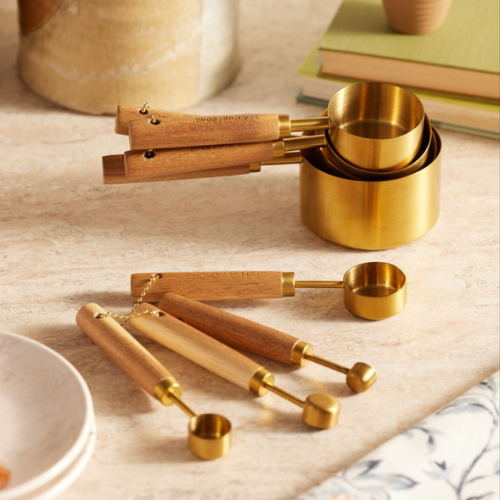 Pack Tazas y Cucharas Medidoras- Madera y Acero Inox